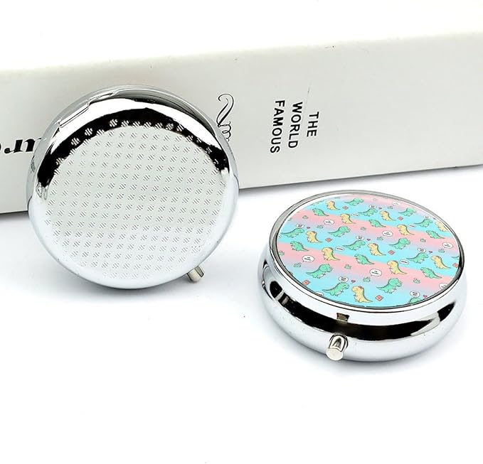 Round 3 Compartment Metal Pill Box Cute Dinosaurs Hug Me, Cute Portable Organizer for Purse Pocket Travel Medication