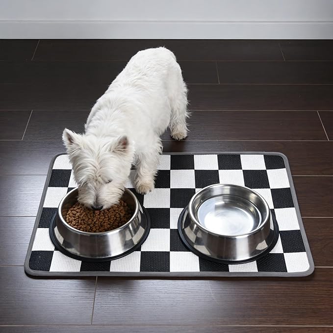 PUPTECK Dog Food Mat, Absorbent Pet Cat Feeding Mat for Food and Water Bowls, Anti-Slip Dog Placemat for Floors Waterproof, Pet Supplies Accessories, Black & White Checkered M