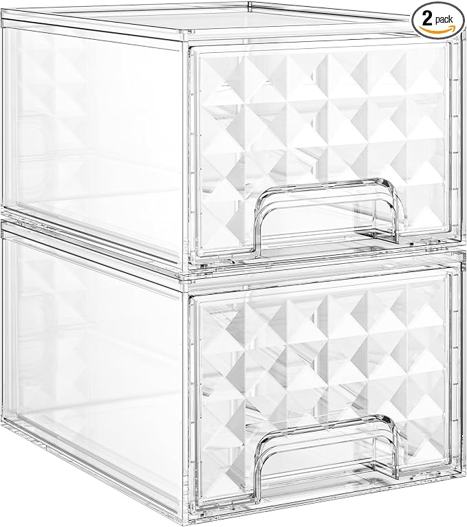 Delamu 2 Pack Stackable Storage Drawers organizer, Clear | Acrylic Makeup Organizer for Bathroom Countertop Storage, Desk, Vanity, Medicine Cabinet, Under Sink, Baby Bottles, for Women