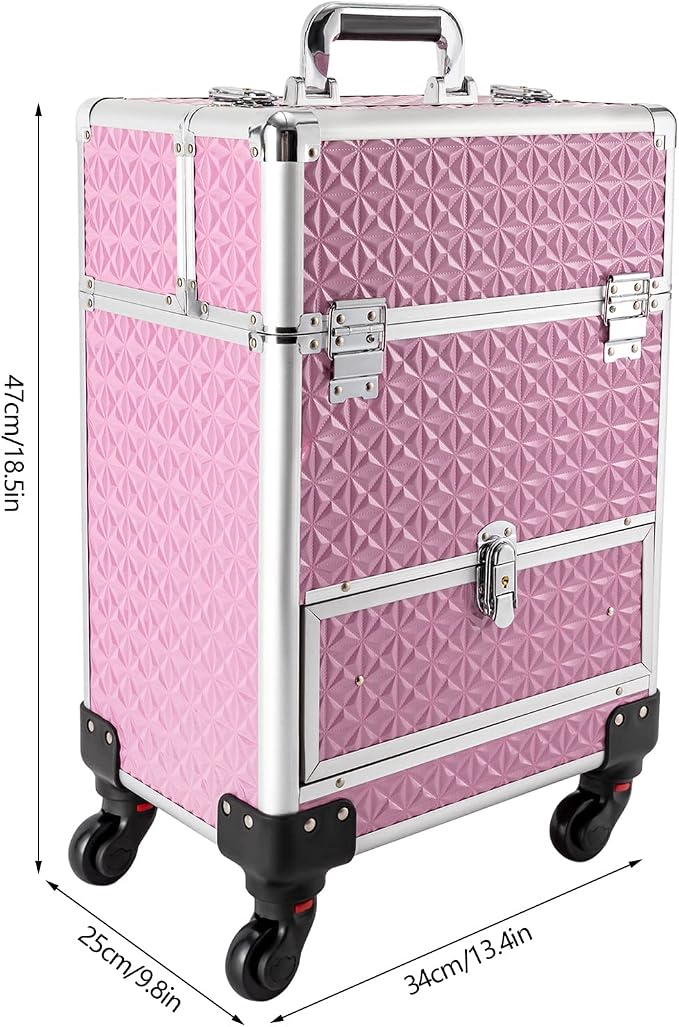 Rolling Makeup Train Case with Drawers, Cosmetic Travel Trolley, Storage Sliding Drawer 4 Tray Cosmetics Beauty Organizer Lockable Luggage Trolley w/ Wheels for Makeup/Nail Art/Hair Styling (Pink)