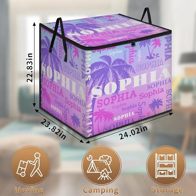 Custom Extra Large Storage Baskets with Lid, Personalized Storage Bins Basket Boxes Handles for Clothes Blanket Bedroom Closet Organizing Toys Shelves, Gradient Purple Blue with Palm Trees