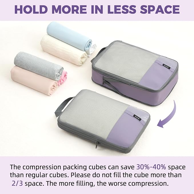 BAGAIL Lightweight Compression Packing Cubes for Travel, 6 Set,Dusty Purple | Salis Nylon Fabric,Anti-Tearing,Save Space,SBS Zippers,Packing List,PVC Tag Pocket,Custom Labels,Visible Mesh,Portable Handel