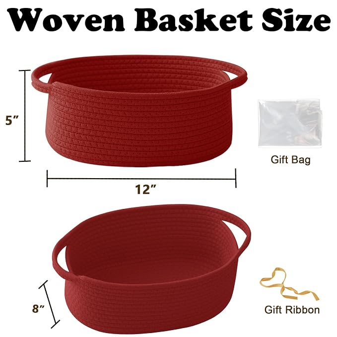 Red Woven Rope Basket - Baby Gift Basket with Bag & Ribbon | Cotton rope with handle, 12x8x5 in, gift bag and ribbon, for baby shower, birthday, toy storage, nursery, shelf decor