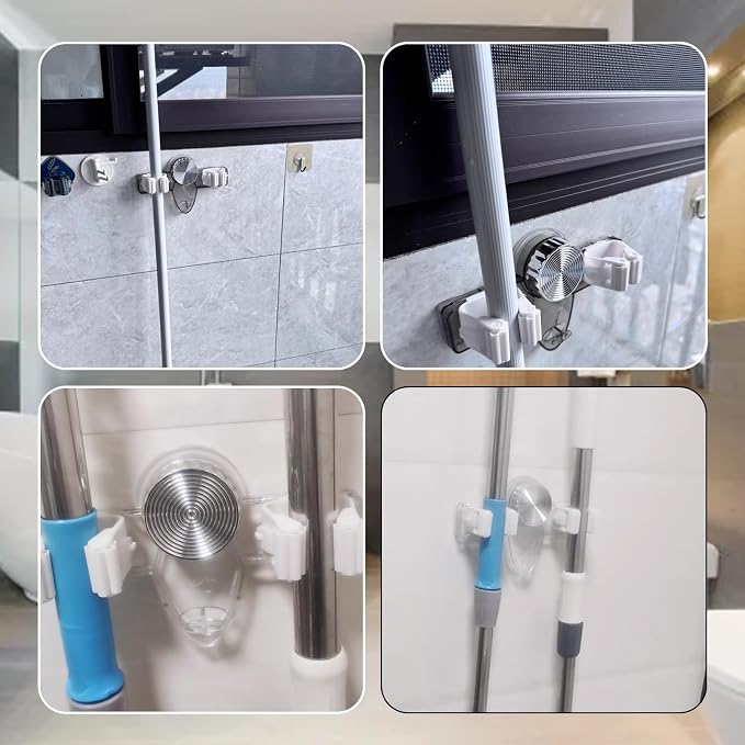 Broom Hanger Organizer, 2025 Upgrade Broom Holder Mop Hanger, No Punching Required Wall Mount Broom and Mop Holder for Laundry Room and Bathroom Kitchen Garage - 3pcs (White)
