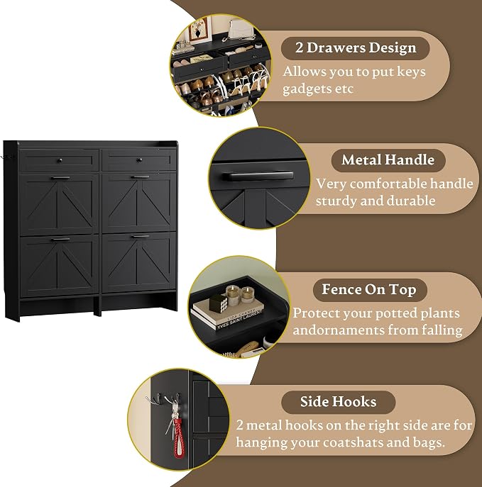 BORNOON Shoe Storage Cabinet for Entryway, Farmhouse Wide Shoe Cabinet with 4 Flip Drawers and 2 Top Drawers, Freestanding Organizer with Adjustable Shelves, Hooks, and Anti-Tip Kit for Hallway