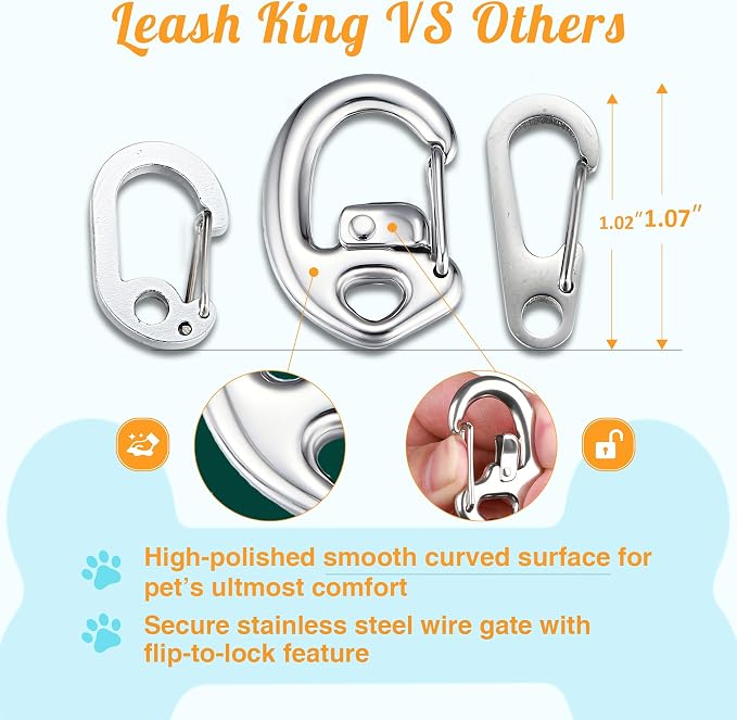 LLeash King Stainless Steel Pet Collar Tag Clip, Contour Carabiner-AB Sets | Patented Flipclip, split ring set, quick switching for dogs and cats, secure attachment