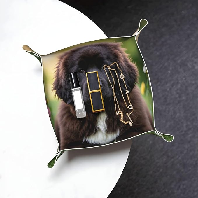 LeatherJewelry Valet Tray for Women Men, Portable Travel Catchall Tray Organizer Dish Plate Cute Pet Newfoundland Dog Bedside Vanity Tray Nightstand Caddy Holder for Wallet, Key, Coin