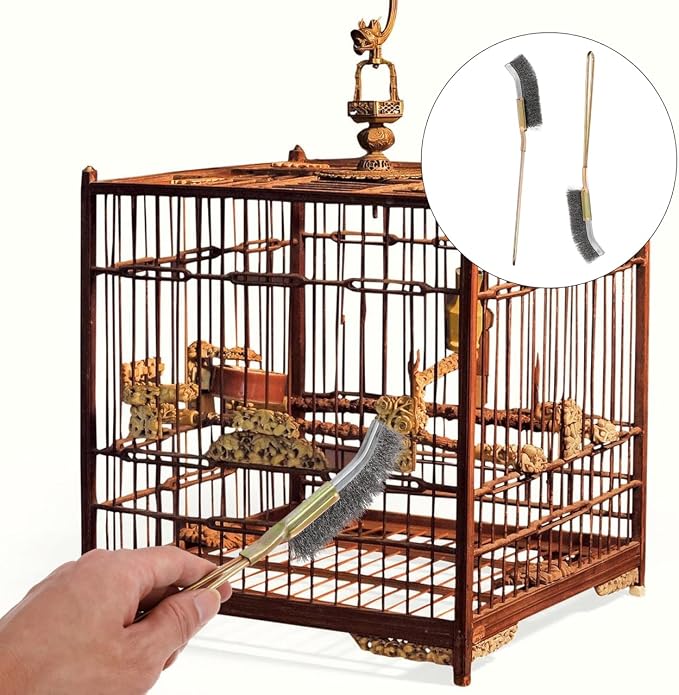 Angoily Bird Cage Cleaning Brush Long Handle Wire Bristle Brush Bird Cage Scrubber for Pet Supplies Accessories Narrow Design for Daily Cleaning 2 Pack