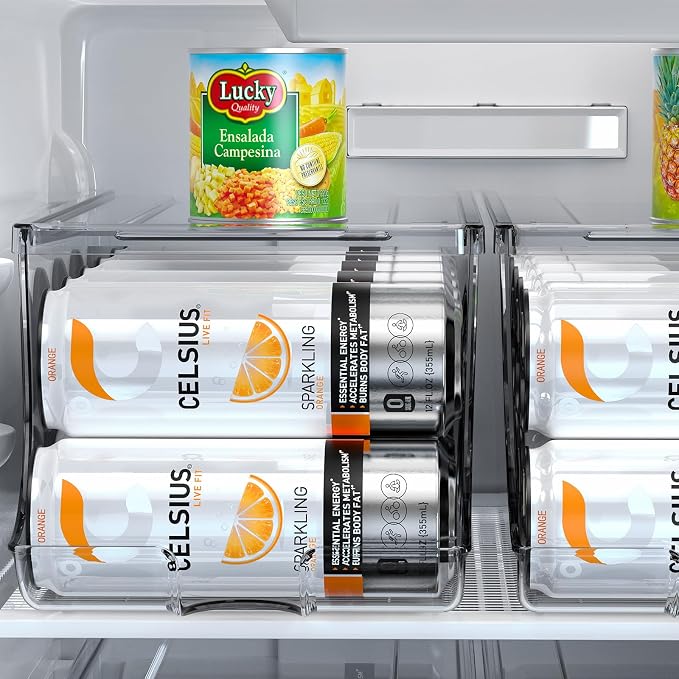 SCAVATA 2 Pack Skinny Can Organizer for Refrigerator, Stackable Tall Skinny Soda Pop Can Holder Dispenser with Lid for Fridge Pantry Rack Freezer, Clear Plastic Storage Bins-Holds 12 Slim Cans Each