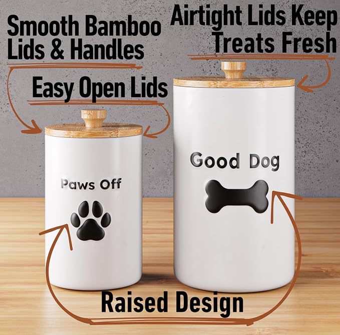 Dog Treat Container Airtight Set of 2, 9x5 & 7x4 inch Ceramic Jars. 11 Cups | Ceramic Dog Treat Jars, 2-piece set, Airtight Bamboo Lids, Rubber-Lined Lids, Raised Design, Over 11 Cups Combined Storage