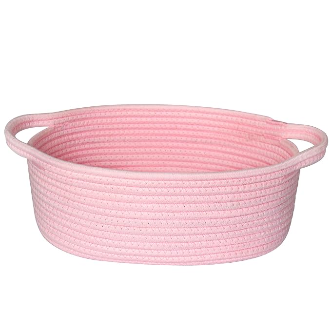 Pink Basket for Gifts Empty, 13"x9"x5" Small Woven Cotton Rope Baskets for Storage, Empty Gift Basket for Birthday, Easter, Christmas, Valentines, Cute Baby Nursery Organizer, Pink Room Decor