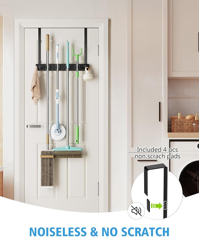 BS-VOG Over the Door Broom and Mop Holder, Broom Hanger, 4 Slots & 4 Hooks | Wooden Broom Holder Door Mount, No Drilling Required, EVA Door Protection Pads, Closet Garage Laundry Use, Black