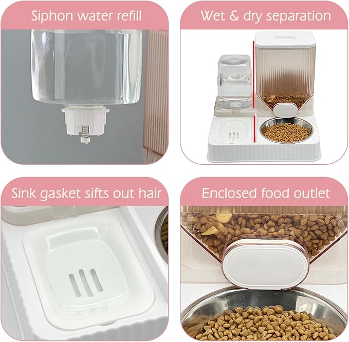 Fhiny Gravity Cat Feeder & Water Dispenser, 2 in 1 Automatic Puppy Waterer Removable Stainless Steel Food Bowls Set Self Feeding Pet Food Storage for Cat Kitten Puppy Easy Clean (White)