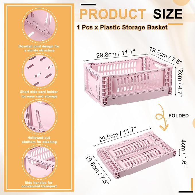 uxcell Collapsible Crates, 11.7x7.8x4.7 Stackable Plastic Storage Baskets with Handle Small Storage Containers for Bedroom Office Classroom Bathroom Desktop Organizer Decor, Pink
