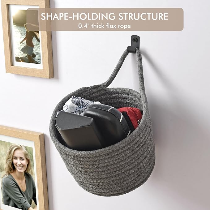 Fabric Wall Hanging Baskets - 3Pack Woven Pouchs Boho Style Wall Mounted Bag with Adhesive Hooks, Storage Organizers and Decoration Pocket Caddy Bins on Door Rack (Dark Gray & Black, Large) | Wall Small Bags with Adhesive Hooks, Cotton Rope, Boho Decor...