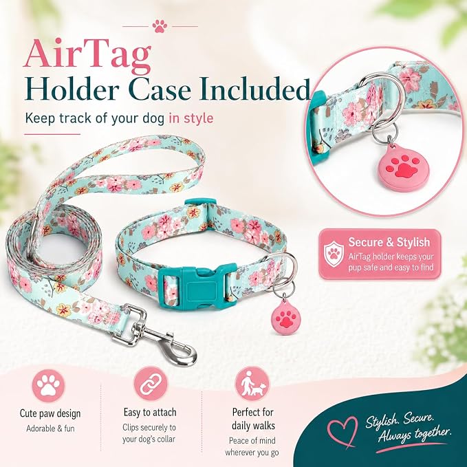 Floral Matching Dog Collar and Leash Set with AirTag Holder-Lily Daisy/M | Anti-Lost,Adjustable Durable Pet Collar Leash Combo for Medium Boy Girl Dogs,for Outdoor Walking Hiking Training Running
