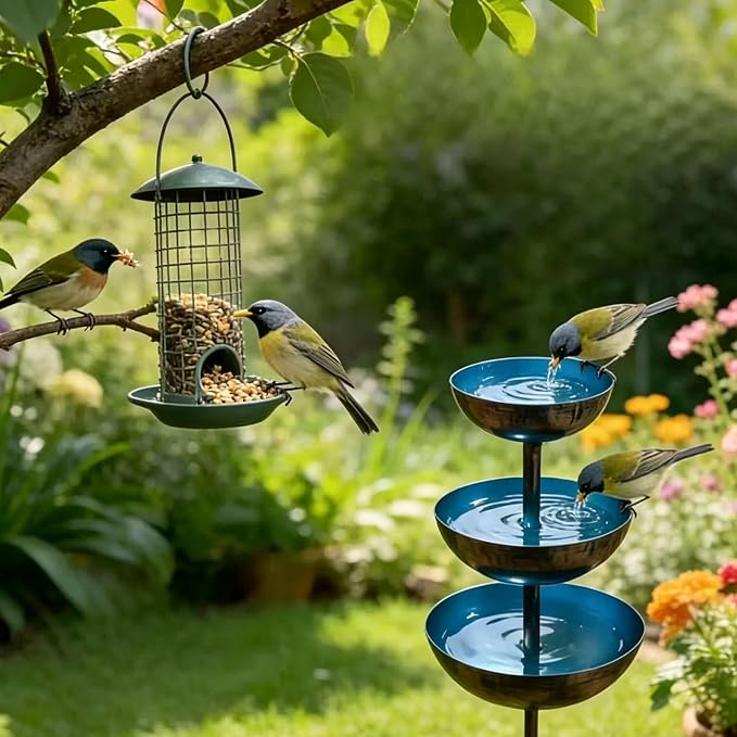 Rain Catcher Bird Bath 3-Tier, Rain Catcher Garden Stake, Antique Bronze Metal Water Bowls Bird Bath and Bee Watering Station with Soil Post for Lawn Edge,Flower Bed, and Open Yard Display