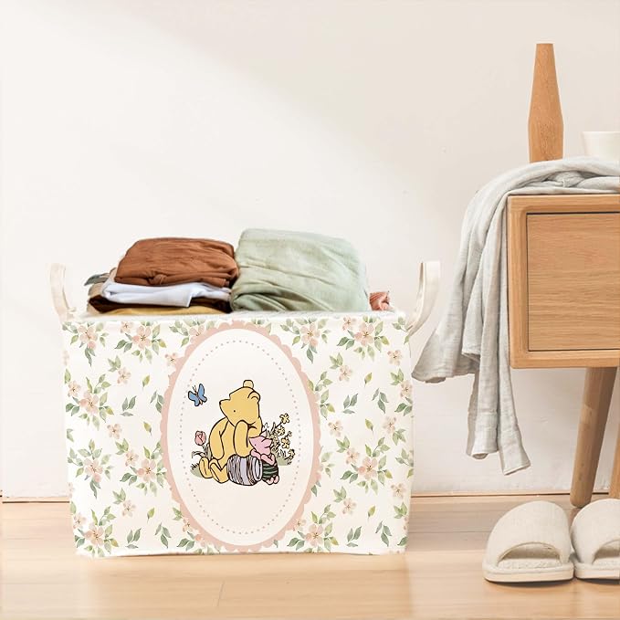 Winnie Nursery Storage Basket With A Waterproof PE Coating,The Pooh Nursery Baby Stuff Storage Baskets Suitable For Bathroom and Bedroom, Foldable Large Canvas Laundry Hamper