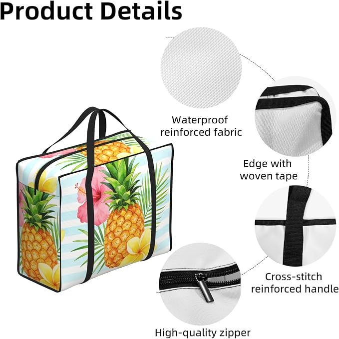 48.7L Moving Totes Pineapple With Tropical Flowers On Blue Stripes, Sturdy Waterproof Storage Totes with Comfortable Carry Handles for Moving & Storage and Seasonal Clothes