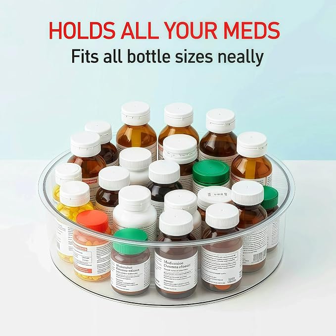Medicine Bottle Organizer, Rotating Medicine Organizer for Cabinet, 11.98" Diameter, Large Capacity Transparent Pill Bottle Storage for Vitamin Pantry Countertop