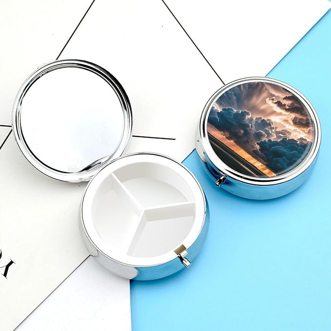 3 Compartment Medicine Pill Case, Magnificent Rainstorm Cloud Round Pill Box, Portable Decorative Medicine Organizer for Pocket Or Purse Vitamin Organize