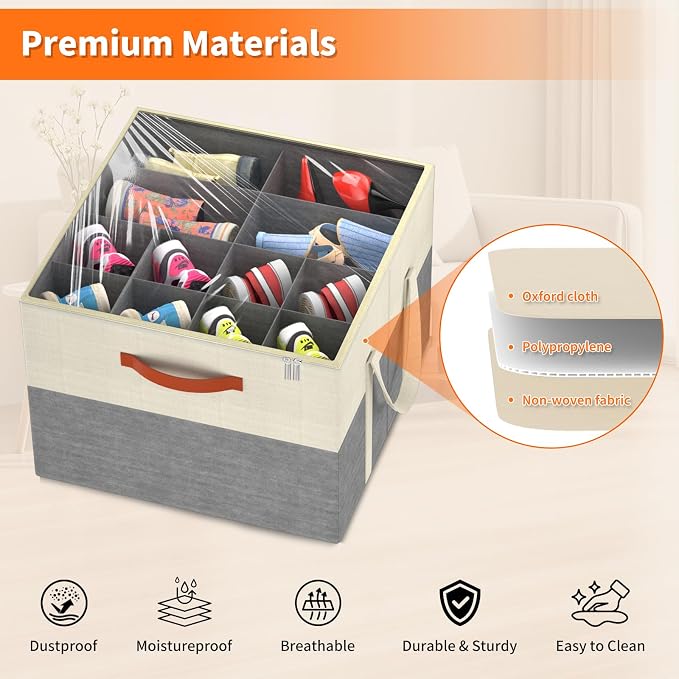2 Pack Shoe Organizer for Closet, Stackable Shoe Storage Box, Beige & Grey | Fits up to 32 Pairs, Space Saving, Foldable, Shoes Organizer Bin with Clear Cover, 4 Reinforced Handles
