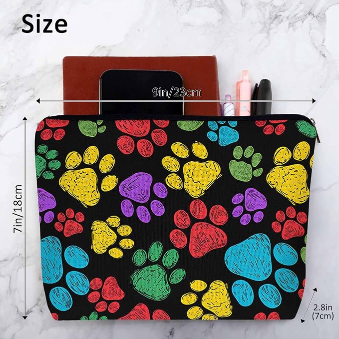 Woman Makeup Bag Dog Paw, Rainbow Doodle Paw Prints Cat Footprint Makeup Bags Travel Cosmetic Bags Toiletry Makeup Organizer Pencil Pouch Make Up Cosmetic Bag For Owners Lady Birthday Gifts