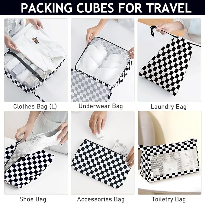KPX 8 Set Packing Cubes for Travel, Luggage Packing Organizers Accessories Large Toiletries Bag for Clothes Shoes Cosmetics (8Set-Black Checkered)