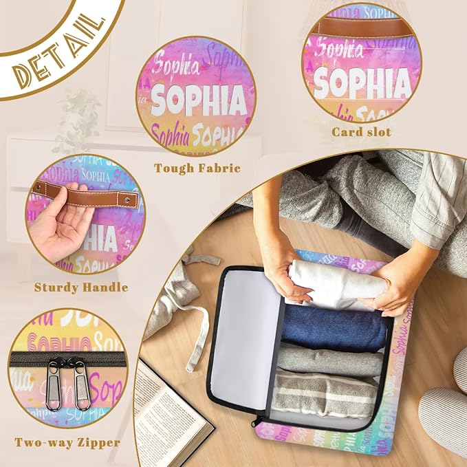 Personalized Storage Basket with Name, Rectangle Toys Storage Bin with Handles Zipper Lid for Baby, Boys, Girls, Collapsible Basket for Clothes, Books, Watercolor Colorful Pink