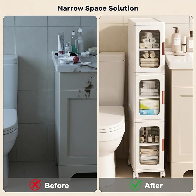 3-Tier Tall Narrow Plastic Storage Cabinet of 2, Foldable | Rolling Organizer with Lid,Doors,Stackable, Adjustable Shelves, Durable PP,Freestanding Bathroom Cabinet for Small Slim Space