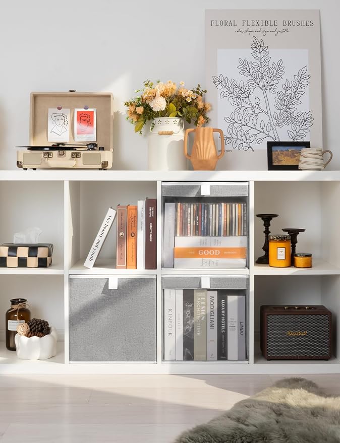StorageWorks 13x13 Storage Cubes, Cube Organizers Bins, Gray, 3-Pack | Clear Window for Visibility, 2 Soft Leather Handles, Collapsible, Flip to Show/Hide, Storage Bins for Closet, Shelf, Cubby