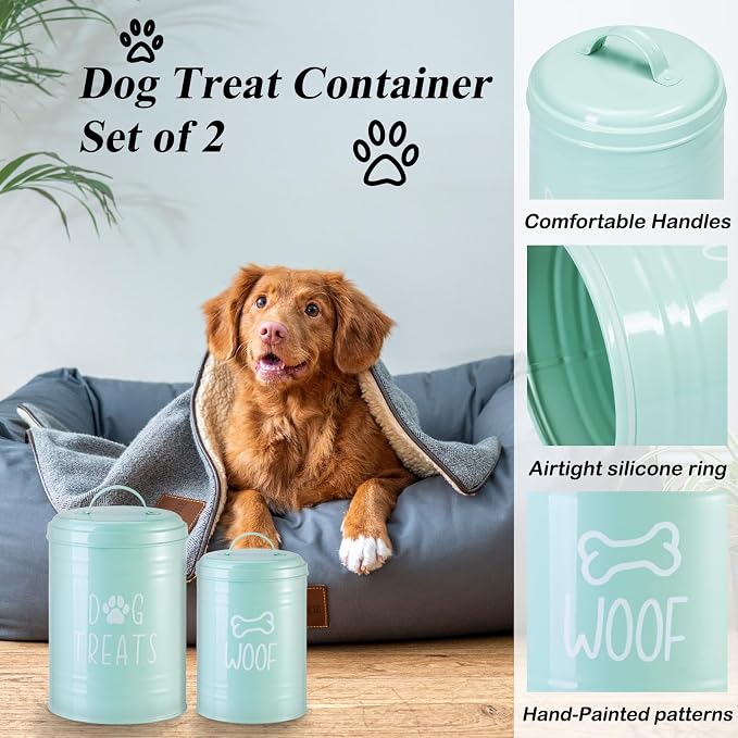 Dog Treat Container Airtight Set of 2, 9x5.5''&7x4'', 12Cup Capacity(Green) | Airtight Lid Keep Food Fresh,Large Capacity Dog Treat Jar Suitable All Popular Treats,Dent-Resistant Durable Metal Cookie Jar