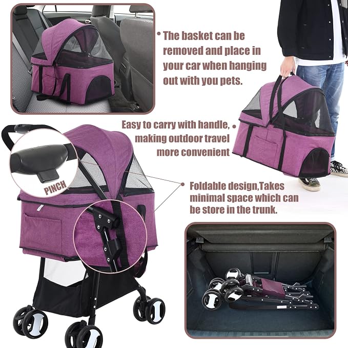 Dog Stroller 3-in-1 Folding Dog Stroller for Medium Small Dogs Purple | Pet Stroller 4 Wheels Cat Stroller with Detachable Carrier Storage Basket Waterproof Lightweight for Travel,