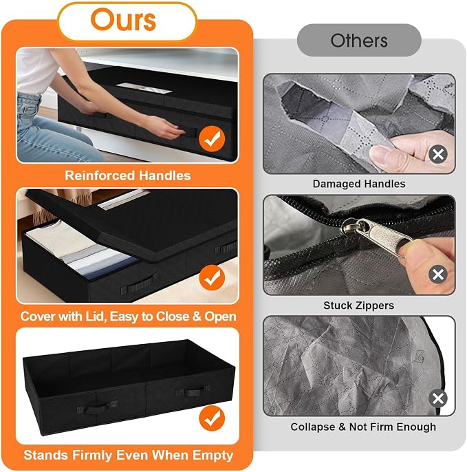 StoreHappily Under Bed Storage Containers with Lids, 3 Pack Foldable Black | Storage organizer, Stackable Clothes Storage Bags, For Blankets Pillows Clothing, Clear Window, 3-Sided Handles, Label Slot
