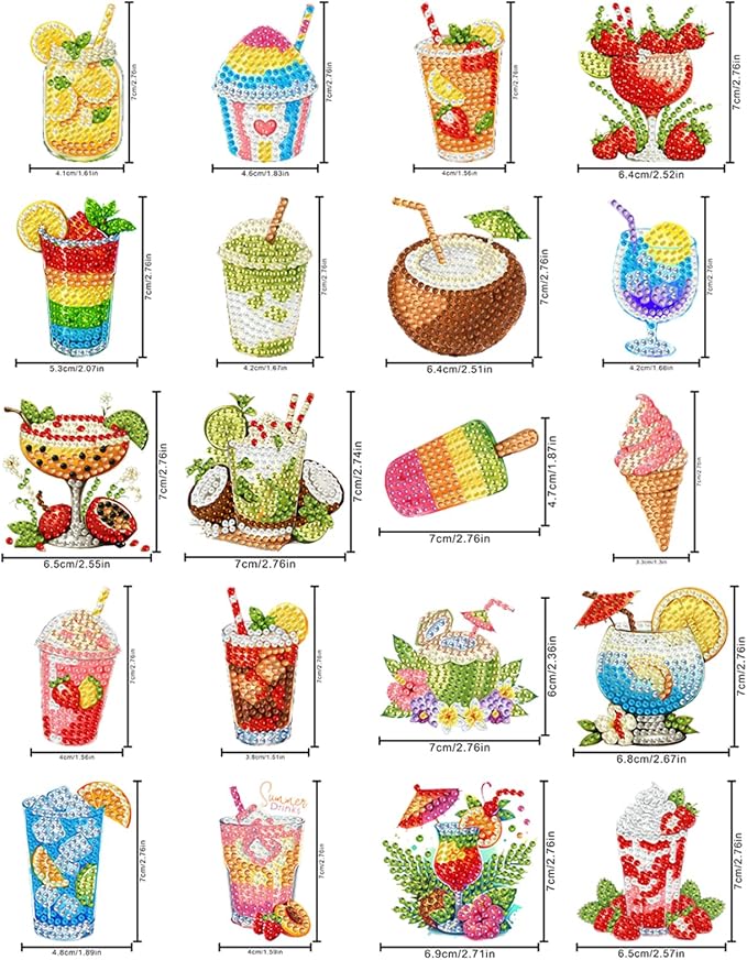 20pcs Drinks 2D/Flat Acrylic DIY Diamond Painting Magnets | Fridge Magnets 20 Pieces Diamond Painting Kit 2D Acrylic PET Magnetic Food Series DIY Art Home Car Decor Beginners Gift