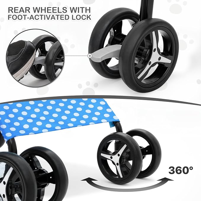 MoNiBloom Pet Stroller for Small/Medium Dogs and Cats, Sky Blue Polka Dots | Foladble 4 Wheels Easy-Fold Puppy Cage Jogger Stroller with Sun Cover, Pad and Rear Storage Bag, Breathable and Visible Mesh