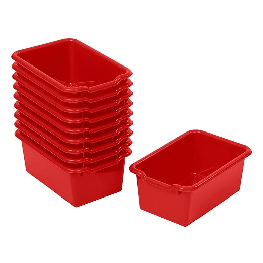ECR4Kids Scoop Front Storage Bins, Multipurpose Organization, Red, 10-Piece | Durable plastic, GREENGUARD Gold Certified, 1.2 gallon capacity, lightweight & nestable, built-in handle, classroom/home use