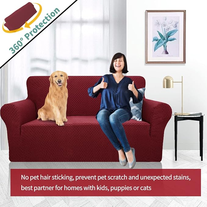 YEMYHOM Couch Cover Latest Jacquard Design High Stretch Sofa Covers for 2 Cushion Couch, Pet Dog Cat Proof Loveseat Slipcover Non Slip Magic Elastic Furniture Protector (Loveseat, Christmas Wine Red)