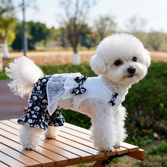 Vintage Floral Bowknot Sleeveless Romper for Small Dogs Cats Rabbits, Breathable Cotton Ruffle Flared Pants, Teacup to Small-Medium Pets for Walk Photo Vacation (Blue-Floral, X-Small)