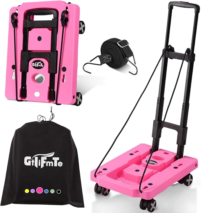 GtIiFmTe Foldable Hand Truck, Lightweight Luggage Cart for Airport Car Seat | Compact Folding dolly with Rotating swivel wheel,storage size12×15.7×4.1",300lbs Load,Upright Lock Handle with 3bungee cords