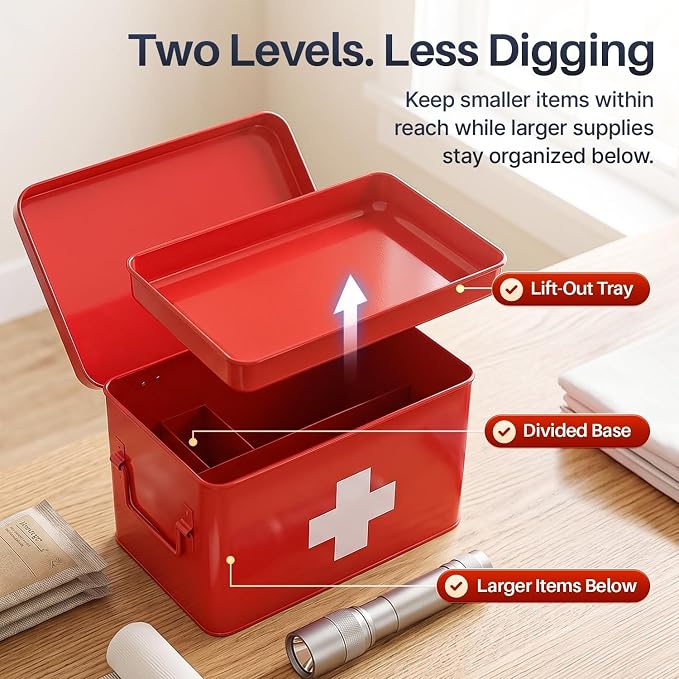 Flexzion Large Metal First Aid Box Empty, 13-Inch, Red with White Cross | Vintage Medicine Box and First Aid Storage Organizer with Removable Tray and Dividers; Empty Box Only, Supplies Not Included