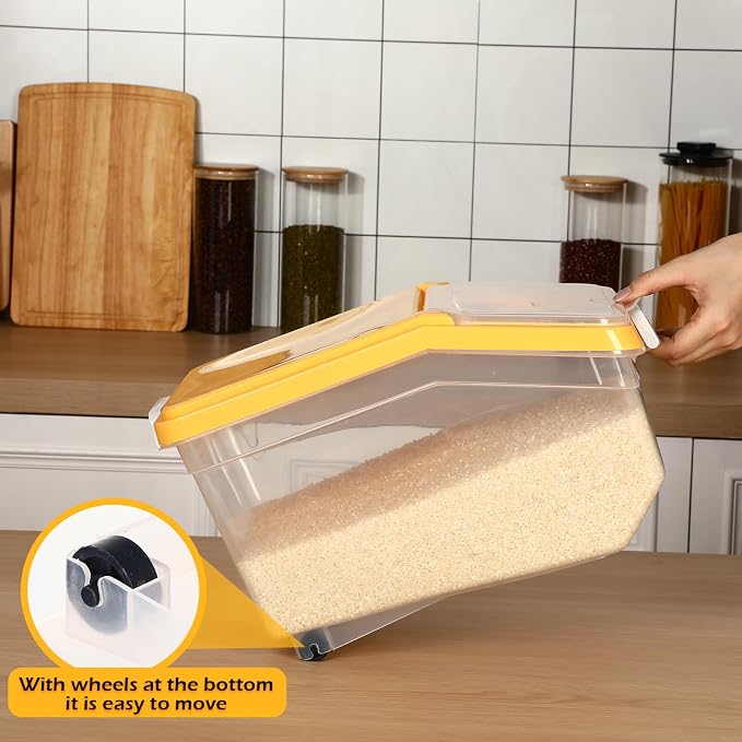 Sunnyray 4 Pcs Rice Storage Container 22 lb Airtight Flour Container with Wheels Measuring Cup Clear Pet Dog Cat Birds Food Bin Grain Cereal Organizer Box for Dry Baking Supplies(Yellow Lid)