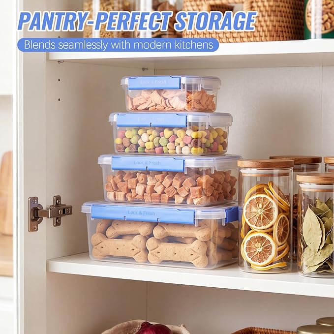 Mifoci 4 Pcs Airtight Dog Treat Container Pet Food Storage with Lids | 1.3-8.2 Qt Plastic Pet Treats Storage Bins Stackable Airtight Dry Food Container Set in 4 Sizes for Biscuits Snacks