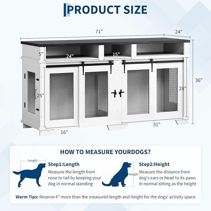 71" Dog Crate Furniture for 2 Dogs, Heavy Duty Indoor Dog Kennel TV Stand, End Table Dog Crate, XL Wooden Dog Cage with Divider for Medium Large Dogs