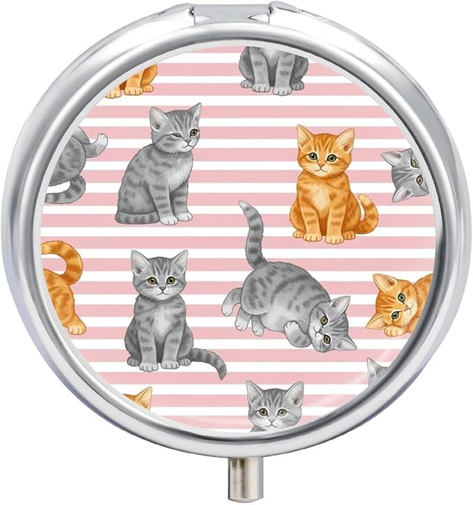 Pocket Pill Dispenser, Pink Stripes Cute Cat Round Metal Case, Travel Organizer for Medicine, Waterproof Pill Box Purse Use for Road Trips