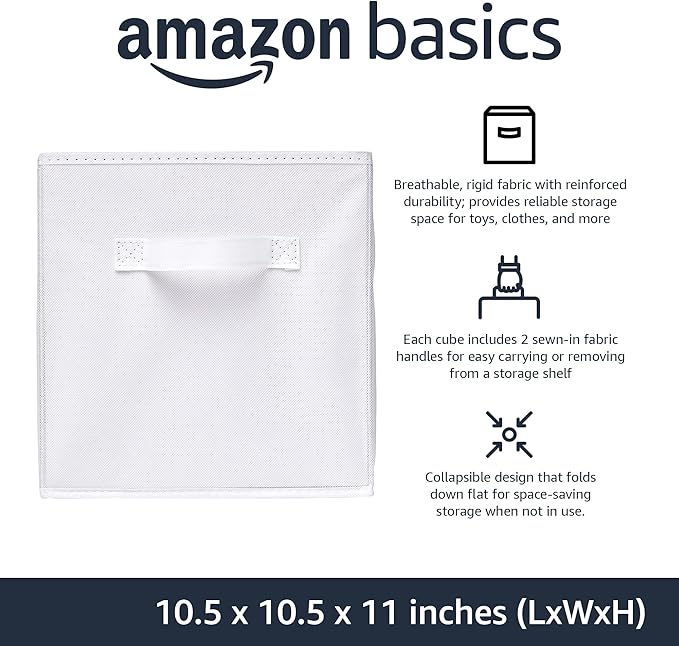 Amazon Basics Collapsible Fabric Storage Cubes Organizer with Handles,Sturdy,White,10.5-x-10.5-x-11-inch,6 Count (Pack of 5)