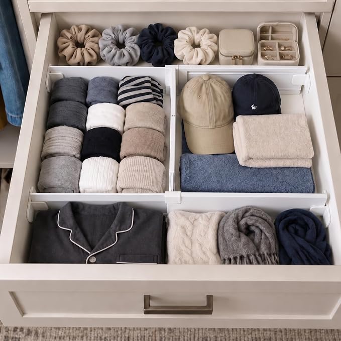 Adjustable Drawer Dividers for Small & Junk Drawers - Starter Kit | Slim interlocking grid for vanity, makeup, desk & bathroom; 3D guide shows where each piece goes; expandable, tool-free