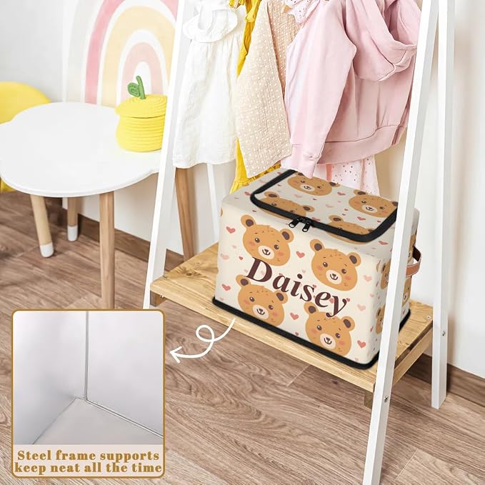Custom Cute Bear Storage-Bin With Zipper Lid for Kids-Girls-Boys-Baby-Pet,Personalized Name Foldable Storage Box with Handle,Baby Basket With Label for Bedroom Nursery Toy Clothes,Beige