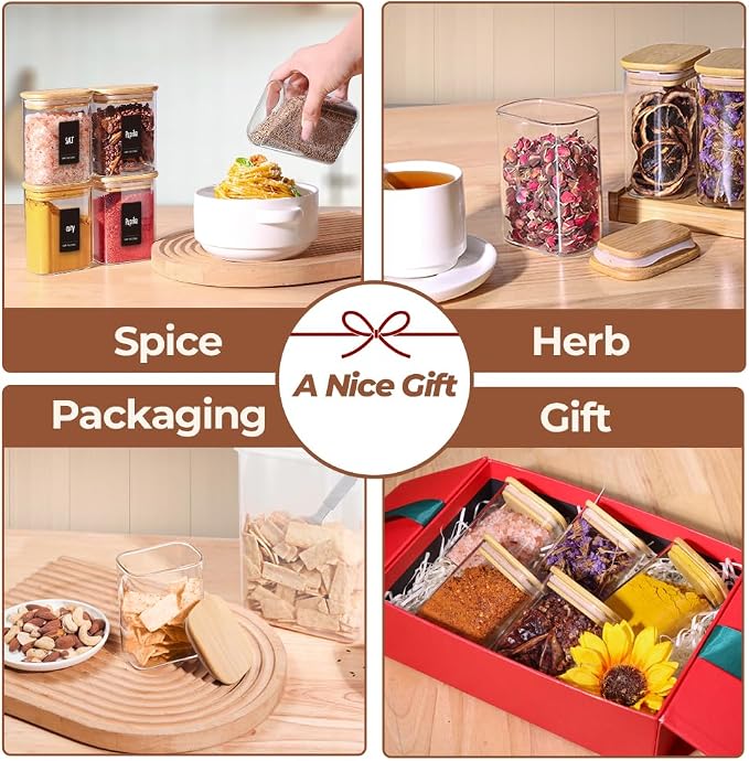 ComSaf Glass Spice Jars 8oz Set of 6, Seasoning Containers with 9 Labels | Small Glass Jars with Labels, Empty Rectangle Canisters, Spice Rack Organization, Loose Tea, Herb, Powder, Dry Good, BPA Free