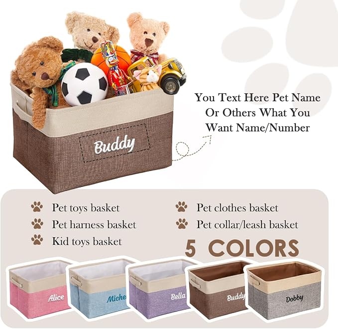 Ulico Custom Dog Toy Storage Basket, Collapsible Pet Organizer Box with Handles, Personalized Dog Toy Bin, Brown